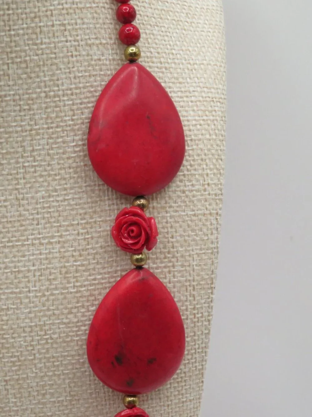 Red Rose and Large Tear Drop Beaded Statement Necklace